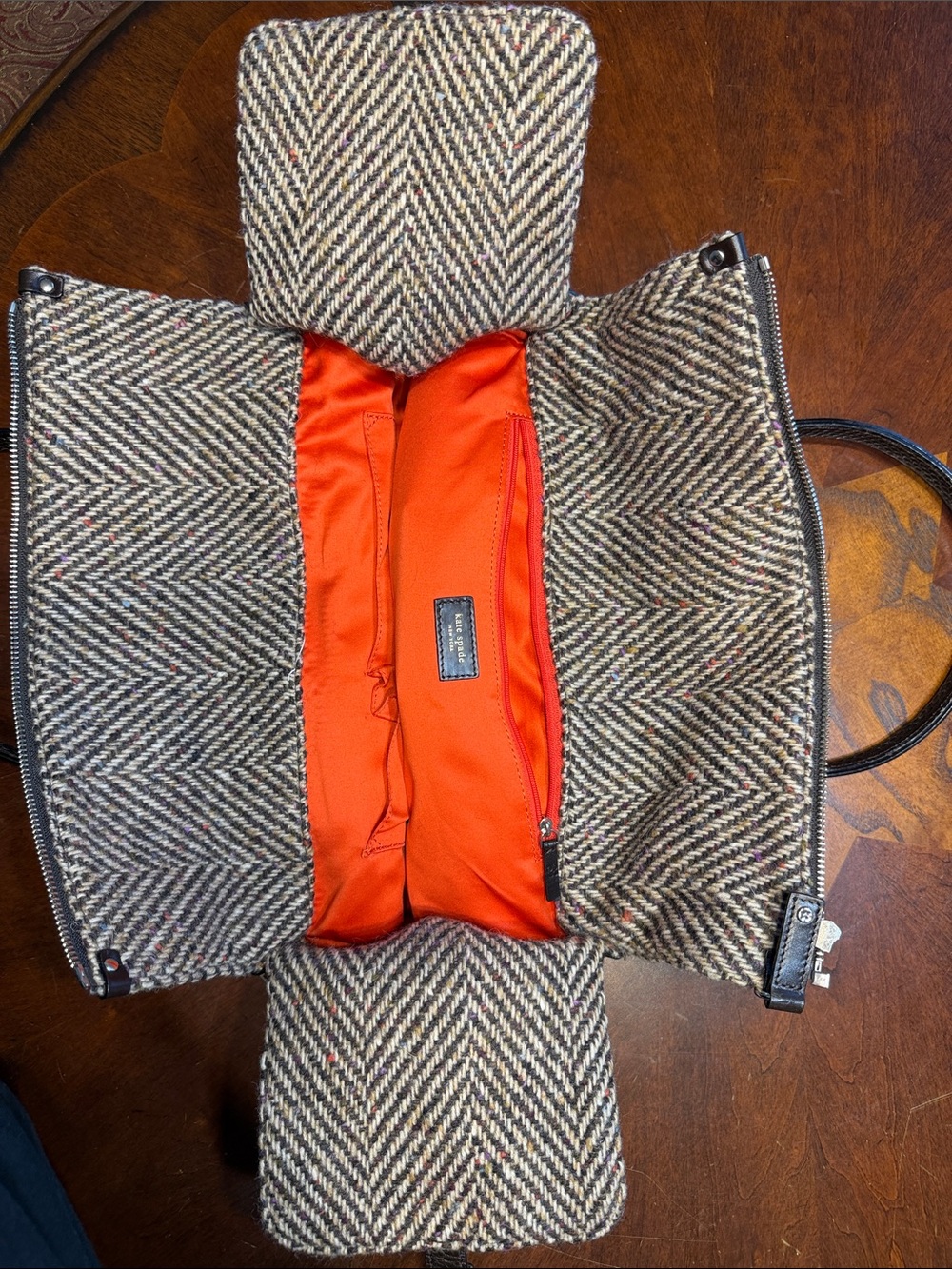 Rare Vintage Kate Spade Nottingham Tweed Herringbone Satchel Wool Leather Bag - Picture 3 of 7